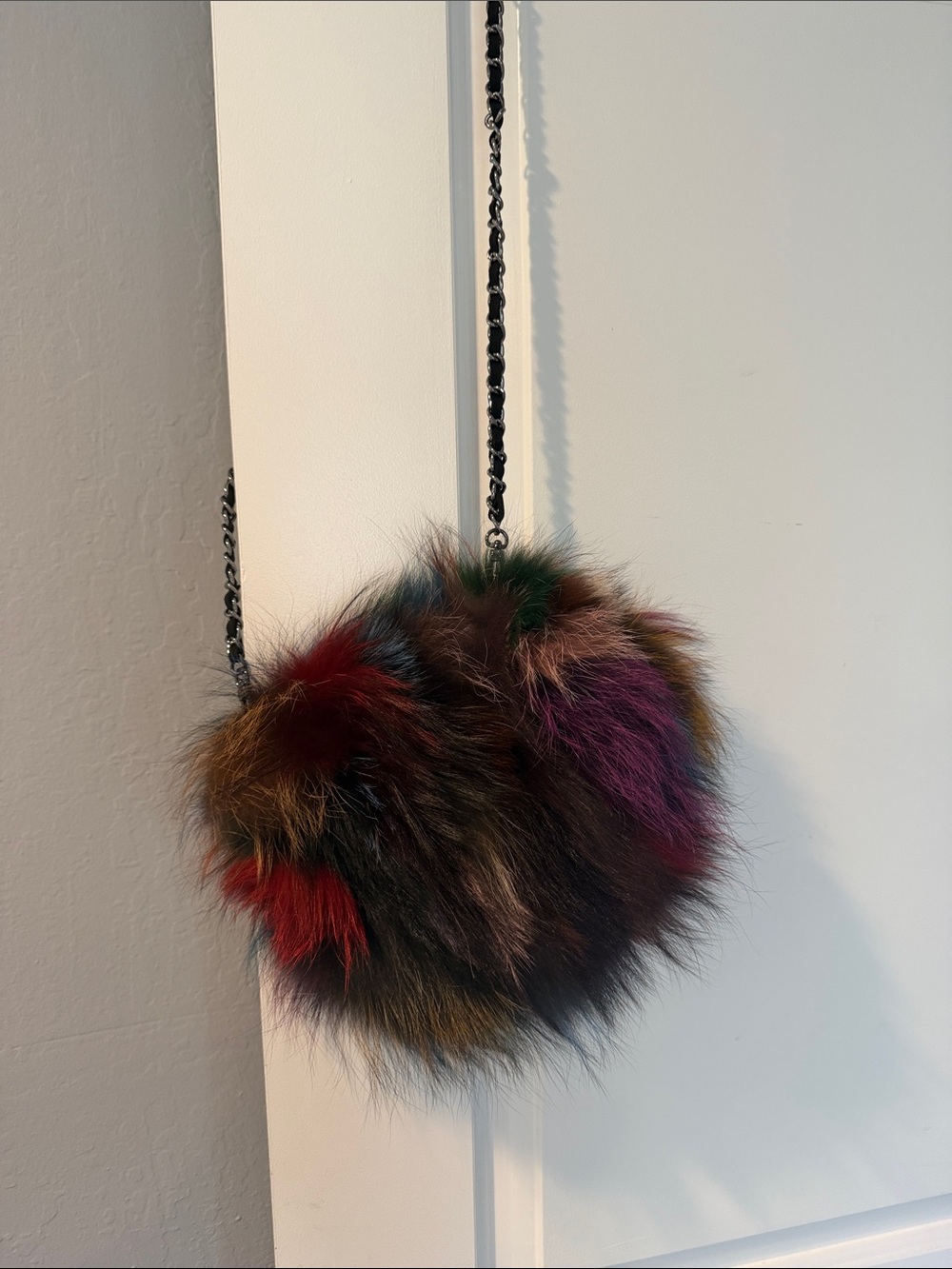 Fox Fur Multicolor Pom-Pom Crossbody Bag